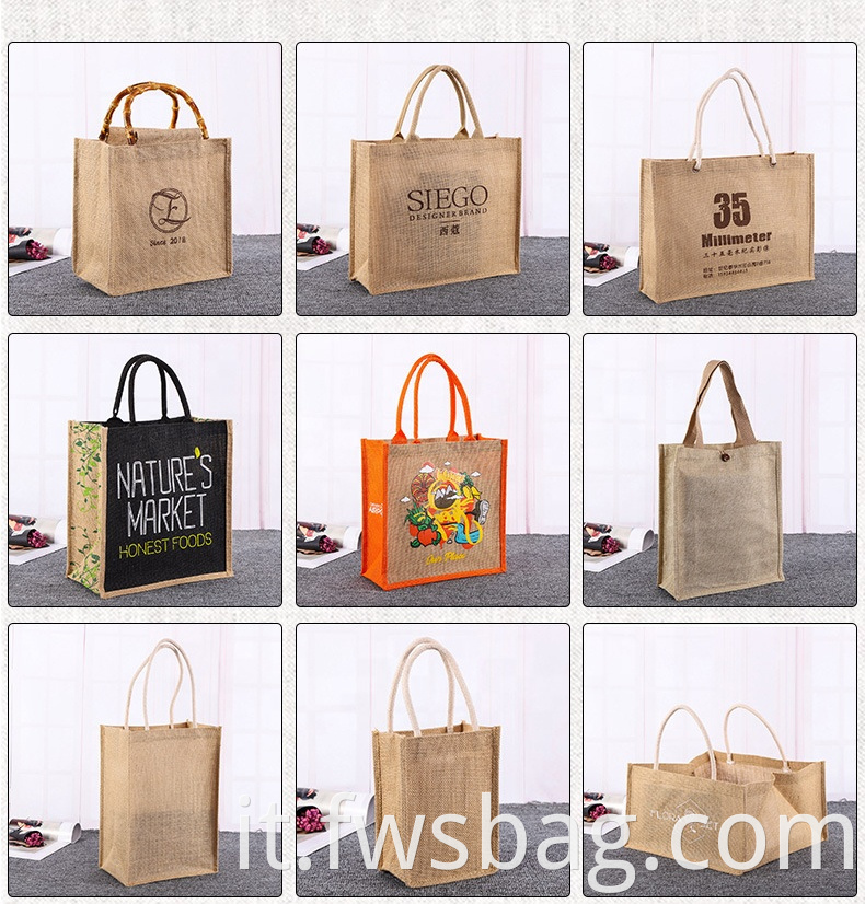 Eco Custom Print Logo Tote Bags Groceries Delivery Burlap Flax Natural Jute Shopping Bag Printed6